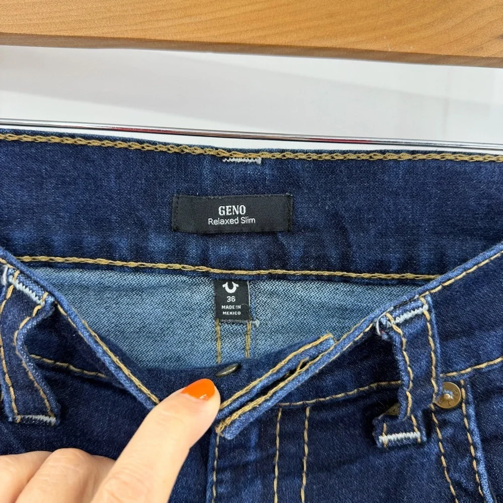True Religion Geno Relaxed Slim Distressed Jeans Mens 36 Indigo Blue Flap Pocket